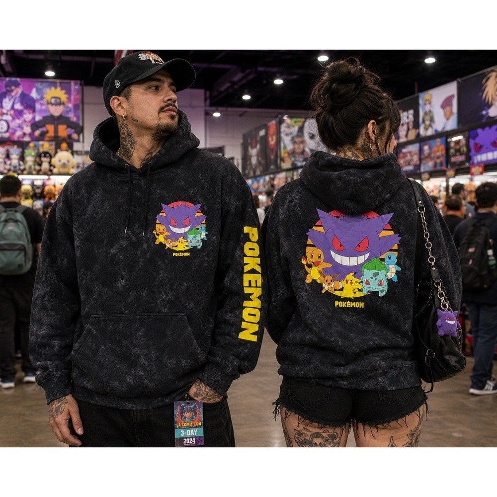 Pokémon Gengar & Friends Unisex L Black Acid Wash Hoodie Graphic Sweatshirt Y2K